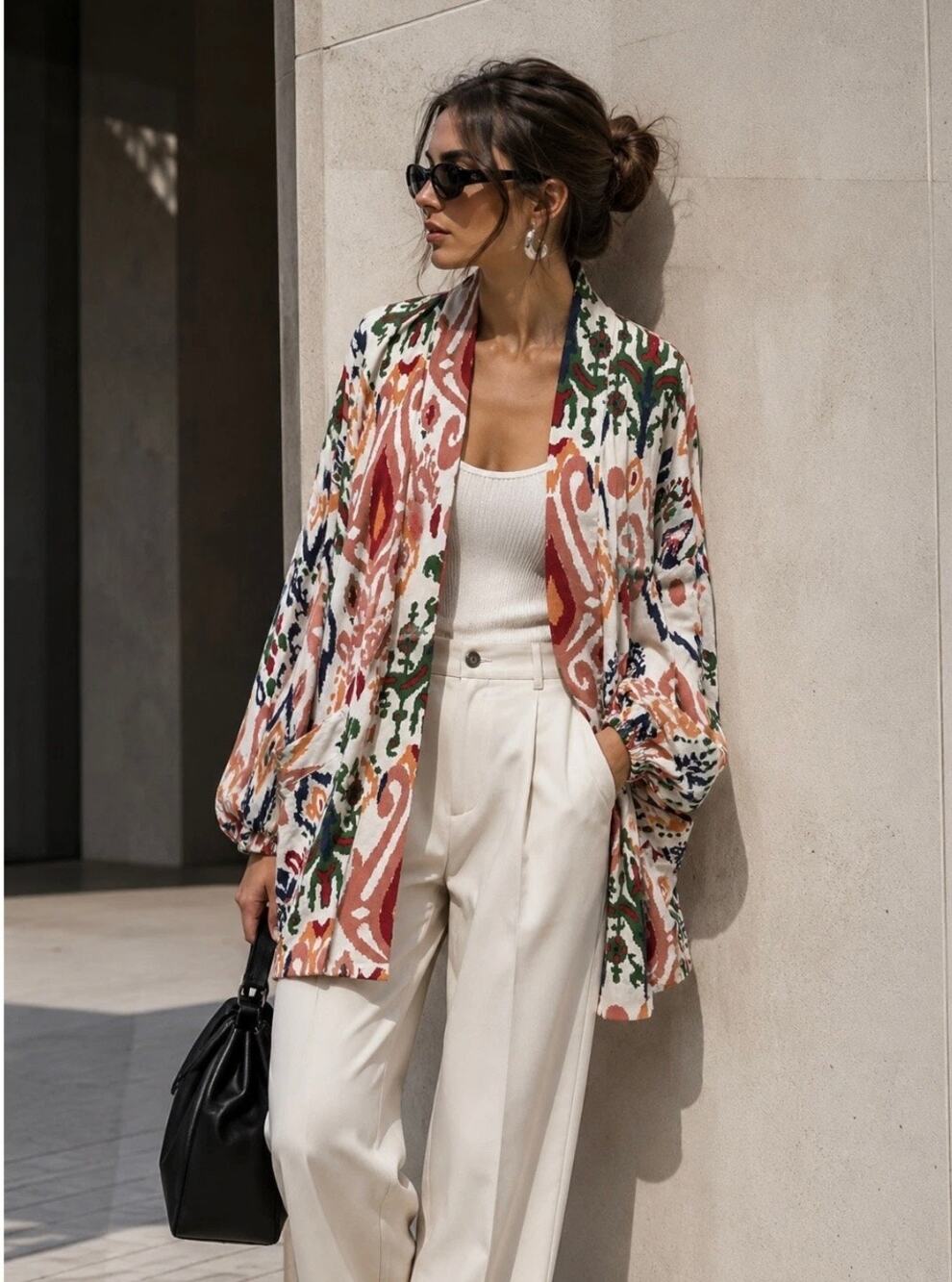 ZARA Ikat Print Kimono Duster Jacket Linen Cotton Viscose Boho Open Front